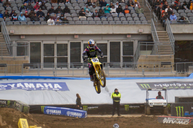 Ken Roczen jumps a triple jump, in Acrisure Stadium, in 2025.
