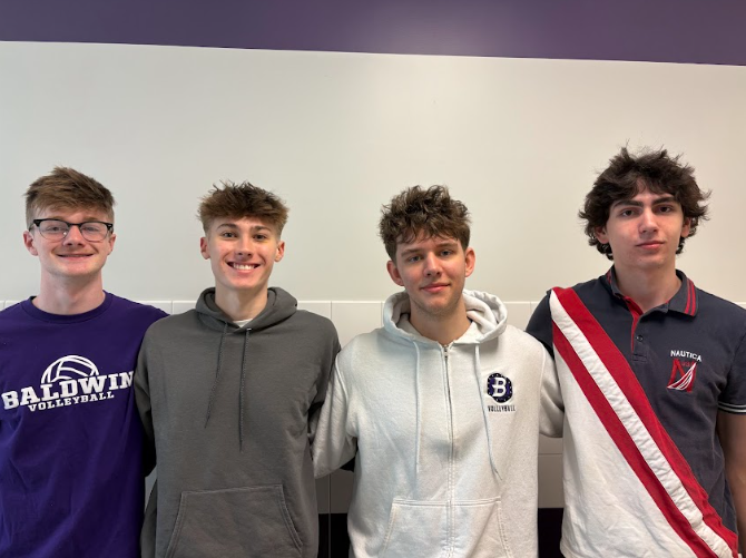 Seniors Brayden Gremba (from left), Alex Kelly, Dylan Leonhardt, and Austin Kruszewski contribute to the boys volleyball team's winning ways.
