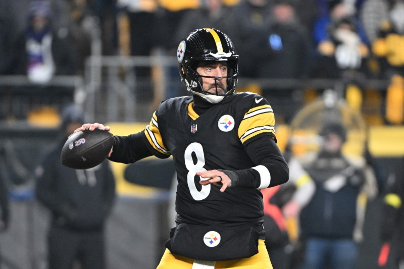 Jan 4, 2026; Pittsburgh, Pennsylvania, USA; Pittsburgh Steelers quarterback Aaron Rodgers (8) drops back to pass against the Baltimore Ravens during the first half at Acrisure Stadium. Mandatory Credit: Barry Reeger-Imagn Images