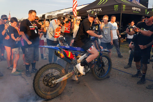 Haiden Deegan does a burnout in celebration of winning his second 250 Motocross title in 2025.

