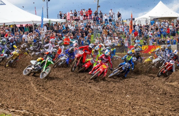 Jett Lawrence leads the pack off of the start at High Point Raceway, in 2025. 