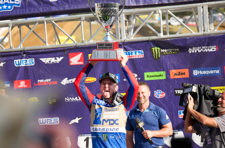 Haiden Deegan celebrates after winning the 250MX Championship in 2025.